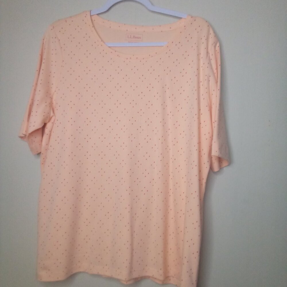 L.L. Bean Shirt XL Petite Women Short Sleeve Soft Stretch Polka Dot Peach Orange